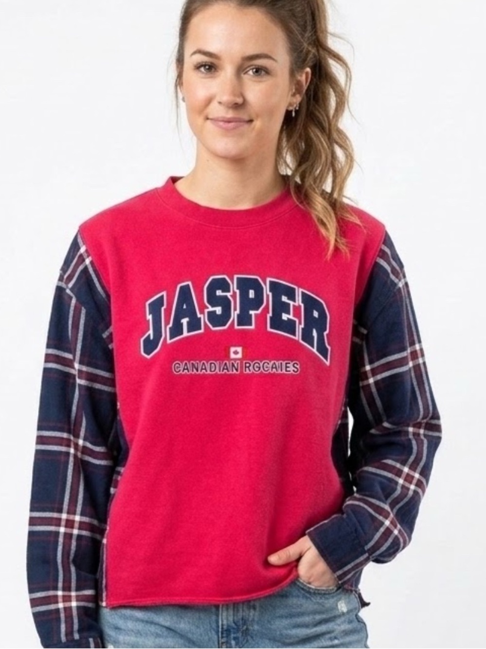 Upcycled “Jasper Rocky Mountains” sweatshirt with flannel.